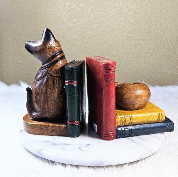 Vintage Hand Carved Heavy Wooden Cat Kitten Bookend Set From Thailand MCM - Picture 3 of 12